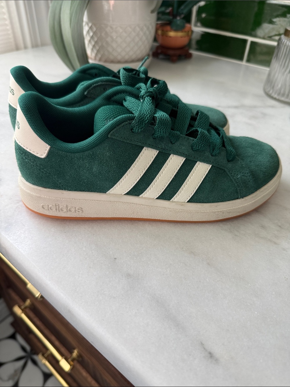adidas Kids Green Suede Sneakers with White Stripes 3.5